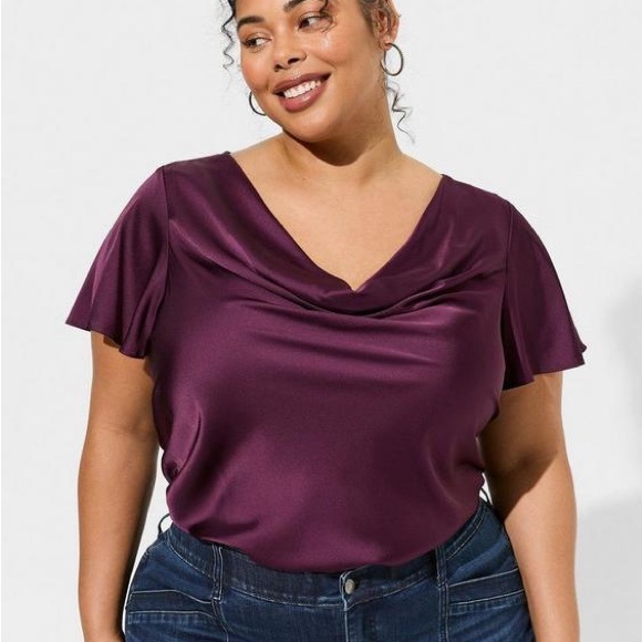 torrid Tops - Torrid Satin Cowl Neck Short Sleeve Blouse Eggplant Purple